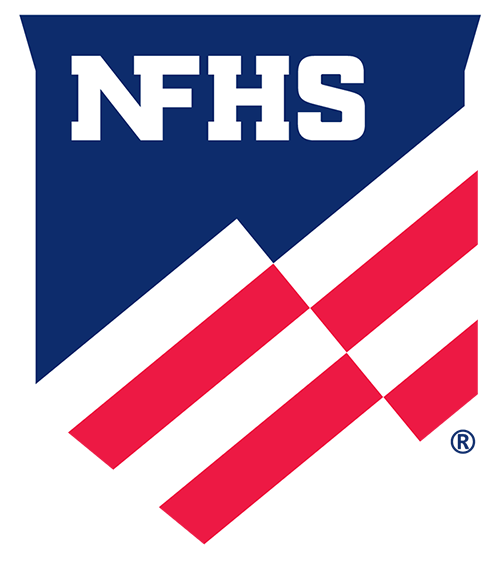 The NFHS logo of letters on a blue flag with red and white stripes.