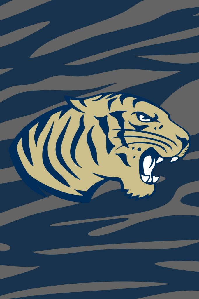 tiger logo on a tiger-striped background